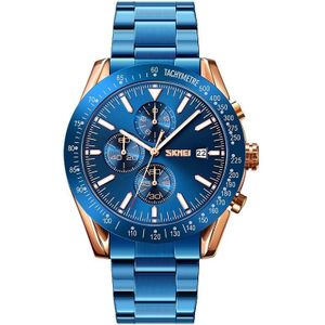 SKMEI 9253 Men Stopwatch Date Six Pin Stainless Steel Strap Quartz Watch(Gold Blue)