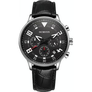 Ochstin 6050B multifunctioneel quartz heren lederen horloge (zilver + zwart)