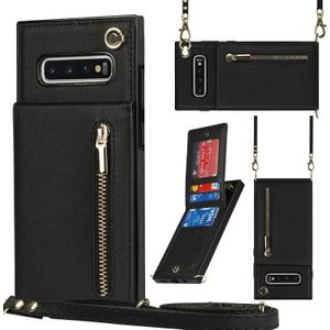 For Samsung Galaxy S10 Cross-body Zipper Square TPU+PU Back Cover Case with Holder & Card Slots & Wallet & Strap(Black)