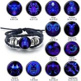 12 Constellation Black Braided Leather Glass Dome Punk Men Bracelet(Aquarius)
