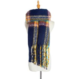 Autumn & Winter Polyester Ladies Warmth Thickened Fringed Fine Grid Scarf  Size:190cm(GWB12-02 Navy)