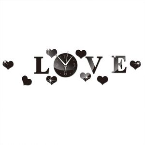 Creative LOVE Clock Acrylic Mirror DIY Wall Sticker(Black)