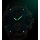 OLREVS 9912 Hollow Flywheel Week Kalender Wijzerplaat Lichtgevend mechanisch horloge voor mannen (Rose Gold Shell Blue Surpain)
