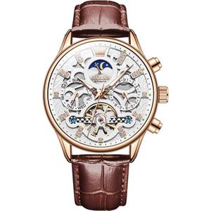 OLEVS 6658 heren lichtgevend waterdicht lederen band mechanisch horloge (wit + roségoud)