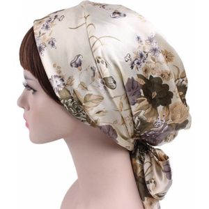 2 PCS TJM-226 Ladies Satin Print Ribbon Bow Turban Hat Night Cap Silk Chemotherapy Hat Long Tail Braid Hat(Big Beige Flower)