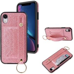 Glitter Powder PU+TPU Schokbestendige beschermhoes met houder & kaartslots & polsbandje voor iPhone X / XS(Roze)