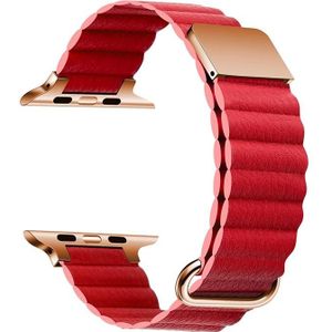Magnetische lederen band horlogeband voor Apple Watch Series 7 45 mm / 6 & SE & 5 & 4 44mm / 3 & 2 & 1 42mm (Rose Gold Gesp Red)