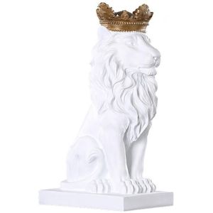 Creatieve moderne gouden kroon Leeuw standbeeld dierlijke beeldje sculptuur voor Home Decorations (wit)