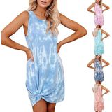 Tie-dye Printing Loose Round Neck Vest Dress Mid-length A-line Skirt for Ladies (Color:Sky Blue Size:S)