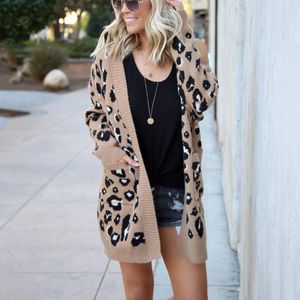 Fashion Leopard Cardigan Knit Sweater (Kleur: Kaki Maat:XL)