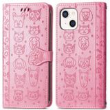 Cute Cat and Dog Embossed Horizontal Flip Leather Case with Holder & Card Slots & Wallet & Lanyard For iPhone 13 mini(Pink)