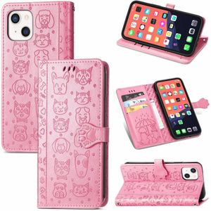 Cute Cat and Dog Embossed Horizontal Flip Leather Case with Holder & Card Slots & Wallet & Lanyard For iPhone 13 mini(Pink)