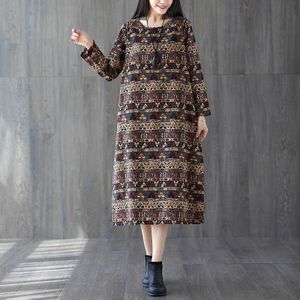 Loose Slim Printed Mid-length Cotton And Linen Dress (Color:Coffee Size:XXL)