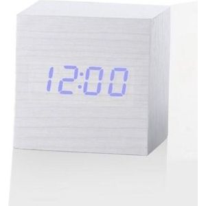 Multicolor Sounds Control Wooden Clock Modern Digital LED Desk Alarm Clock Thermometer Timer White Blue