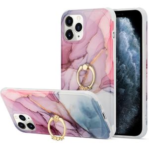For iPhone 13 mini Four Corners Shocproof Flow Gold Marble IMD Back Cover Case with Metal Rhinestone Ring(Purple)