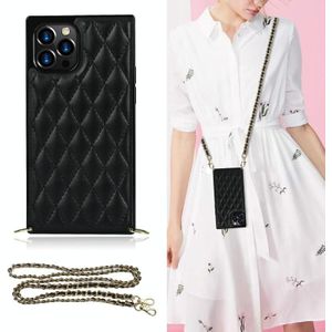 Elegant Rhombic Pattern Microfiber Leather +TPU Shockproof Case with Crossbody Strap Chain For iPhone 12 / 12 Pro(Black)