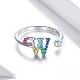 S925 Sterling Silver 26 English Letters Colorful Zircon Women Open Ring  Style:W
