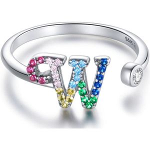 S925 Sterling Silver 26 English Letters Colorful Zircon Women Open Ring  Style:W