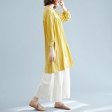Large Size Loose And Thin Mid-length Linen Cotton Printed Dress (Color:Yellow Size:XXL)