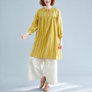 Large Size Loose And Thin Mid-length Linen Cotton Printed Dress (Color:Yellow Size:XXL)