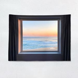 Sea View Window Background Cloth Fresh Bedroom Homestay Decoration Wall Cloth Tapestry  Size: 150x100cm(Window-6)