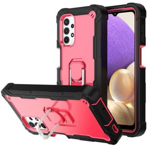 For Samsung Galaxy A32 5G PC + Rubber 3-layers Shockproof Protective Case with Rotating Holder(Black + Rose Red)