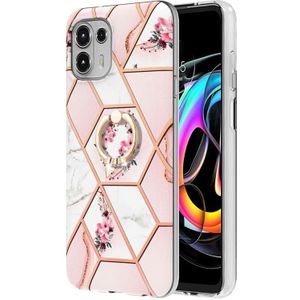 Voor Motorola Edge 20 Lite splitsen marmeren bloempatroon TPU ringhouder (roze bloem)