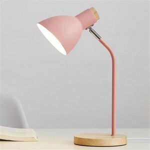 E27 Button Switch Wood Table Lamp Metal Shade Desk Light Bedside Reading Book Light Home Decor  Light Source:9W Led 3-color Dimming(Pink)