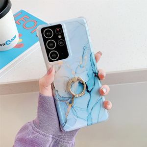 Four Corners Anti-Shattering Gold Marble IMD Phone Case with Metal Rhinestone Ring Holder For Samsung Galaxy A51 4G(Orang Blue LQ4)