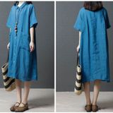 Summer Solid Color Ramie Mid-length Loose Short-sleeved Shirt Dress for Women (Color:Blue Size:XXL)