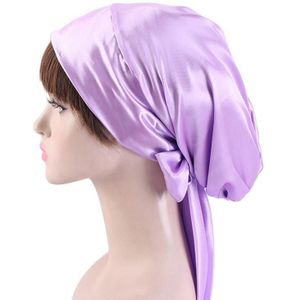 2 PCS TJM-226 Ladies Satin Print Ribbon Bow Turban Hat Night Cap Silk Chemotherapy Hat Long Tail Braid Hat(Light Purple)