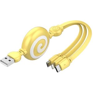 SJX-CB04 5A USB to 8 Pin + USB-C / Type-C + Micro USB 3 in 1 Retractable Fast Charging Data Cable (Yellow)