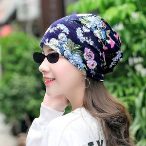 Autumn and Winter Ladies Cotton Flower Print Hat Windproof Warm Beanie  Size:50-60cm(Flower Navy)
