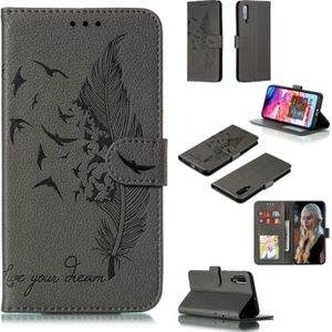 Feather Pattern Litchi Texture Horizontal Flip Leather Case with Wallet & Holder & Card Slots For Galaxy A70(Gray)