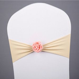Chair Sashes Bows Decor Elastic Spandex Chair Sash with Pink Flower Stretch Chair Band Wedding Decoration(Champagne)