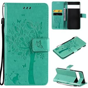 For Google Pixel 6 Pro Tree & Cat Embossed Pattern Horizontal Flip Leather Case with Holder & Card Slots & Wallet & Lanyard(Green)