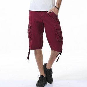 Summer Multi-pocket Solid Color Loose Casual Cargo Shorts for Men (Color:Wine Red Size:30)