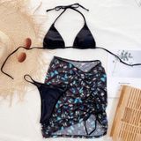 3 in 1 Lace-up Halter Backless Bikini Ladies Split Swimsuit Set with Butterfly Pattern Mesh Short Skirt (Color:Black Size:M)