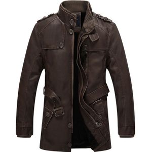 Men Long Style Leather Jacket Coat (Color:Brown Size:L)