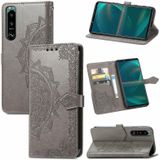 For Sony Xperia 5 III Mandala Flower Embossed Horizontal Flip Leather Case with Bracket / Card Slot / Wallet / Lanyard(Gray)