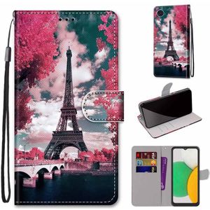 For Samsung Galaxy A03 Core Coloured Drawing Cross Texture Horizontal Flip Leather Phone Case with Holder & Card Slots & Wallet & Lanyard(Pink Flower Tower Bridge)