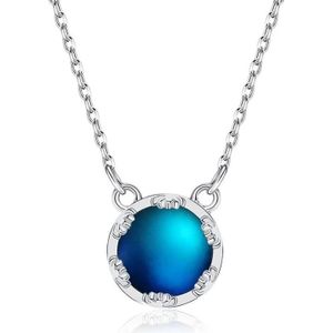 S925 Sterling Silver Gradient Round Moonstone Clavicle Chain Nacklace Jewelry (Multicolor  Night Turn Dark Blue)