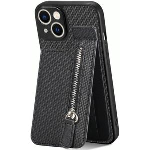 Voor iPhone 14 Pro Max Koolstofvezel Verticale Flip Rits Telefoon Case (Zwart)