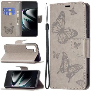 Voor Samsung Galaxy S22 Ultra 5G Embossing Two Butterflies Pattern Leather Telefoon Case met Houder & Card Slot & Portemonnee & Lanyard (Gray)