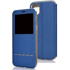 For iPhone 11 Pro  Matte Texture Horizontal Flip Bracket Mobile Phone Holster Window with Caller ID and Metal Button Slide To Unlock(Blue)