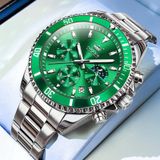 OLEVS 2870 heren multifunctioneel chronograaf drie ogen waterdicht quartzhorloge (groen + zilver)