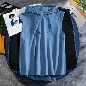 Casual Sleeveless T-shirt Hooded Vest Loose Cotton Waistcoat Sports Vest (Color:Blue Size:L)