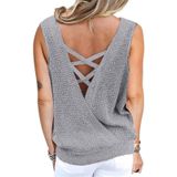Solid Color Deep V-neck Backless Knitted Vest T-shirt for Ladies (Color:Grey Size:S)
