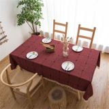 Square Lattice Embroidered Tablecloth Pure Color Cotton Linen Tassel Rectangular Coffee Table Mat  Size:90x140cm(Red)