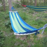 Outdoor Rollover-resistant Double Person Canvas Hammock Portable Beach Swing Bed with Wooden Sticks  Size: 2.8 x 1.5m(Blue)